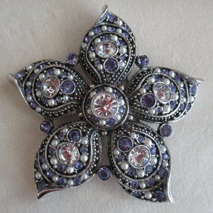 VTG JOAN RIVERS Faux Tanzanite, Pearls w/Rhinestones PIN BROOCH Silver Tone 2.5"